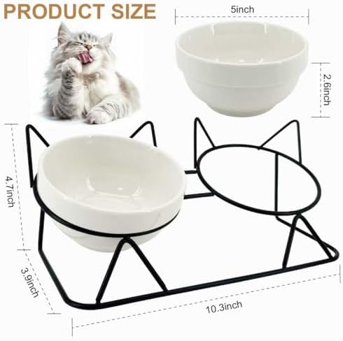 Elevated Tilted Cat Bowls for Indoor Cats，Raised Ceramic Cat Bowl Elevated 15°,Pet Feeding Bowls for Food and Water Anti Vomiting Bowl(Double Ceramics and Tilt Shelf) Suitable - Image 5