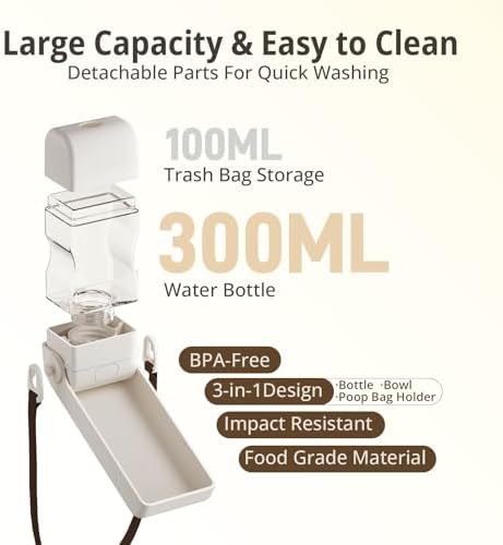 Dog Water Bottle, Portable Leakproof Water Bowl for Dogs, Foldable Dog Water Dispenser with Poop Bag Dispenser for Puppy Outdoor Walking, Hiking, Travel, 10.15oz - Image 3