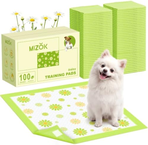 MIZOK Puppy Pads with Adhesive Tabs Green Daisy Prints Small 22x22in 100Ct by MIZOK