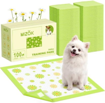 MIZOK Puppy Pads with Adhesive Tabs Green Daisy Prints Small 22x22in 100Ct by MIZOK