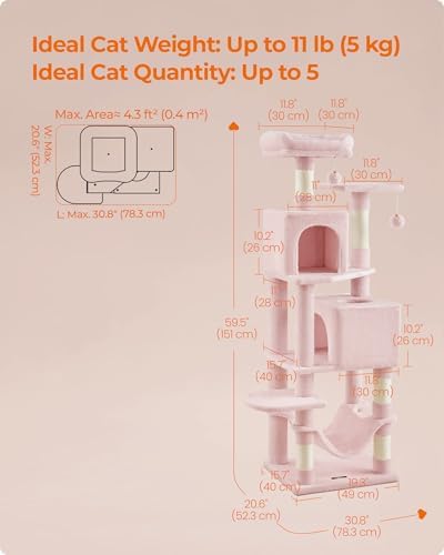 Feandrea Cat Tree, 59.5-Inch Tall Cat Tower, Multi-Level Condo, Jelly Pink - Image 5