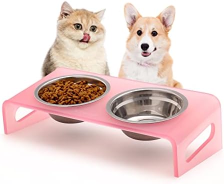 Tilted Raised Elevated Food and Water Bowls Stand for Cat or Small Dogs - Puppy's Clear Acrylic Stainless Steel Dishes Holder for Boy or Girl Pet,Modern,Durable and Easy to Clean by WBhonghui (Pink) by WBHONGHUI