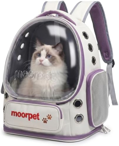 Cat Backpack Carrier, Transparent & Foldable Bubble Pet Backpack for Cats and Dogs, Breathable Kitten Carrier with Side Mesh and Pocket, Portable Travel Bag for Hiking, Walking, Vet (Purple) by HEKEDES