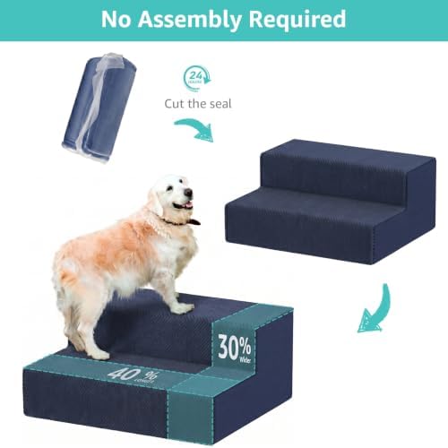 YENING Large Dog Stairs for High Beds - Extra Wide Pet Steps for Large Dogs to Get on Tall Bed 3 Deep Step Cat Ramp for Couch 2 Steps Navy Blue - Image 5