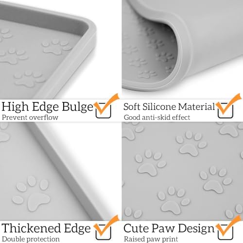 2 Pack Dog Food Mat Anti-Slip Bowl Mats for Food and Water, Waterproof Silicone Pet Placemat with High Raised Edges, Non-Slip Puppy Feeding Tray for Small, Medium Large Cats Dogs, Gray, 11.8"x11.8" - Image 3