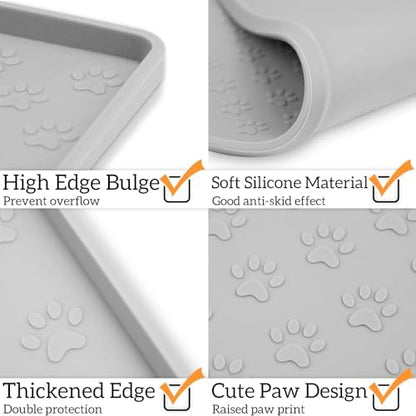 2 Pack Dog Food Mat Anti-Slip Bowl Mats for Food and Water, Waterproof Silicone Pet Placemat with High Raised Edges, Non-Slip Puppy Feeding Tray for Small, Medium Large Cats Dogs, Gray, 11.8"x11.8" - Image 3