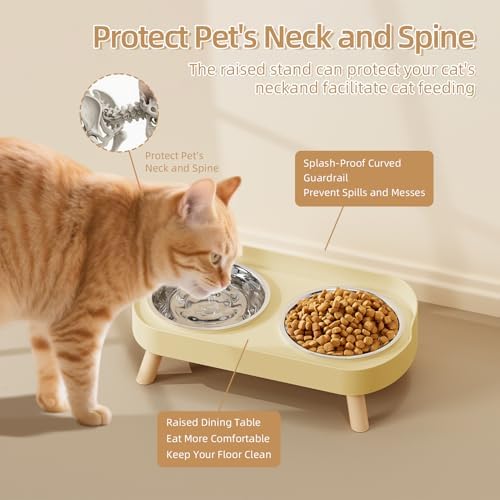 Elevated Cat Bowl, Raised Cat Food and Water Bowl Set for Indoor Cats, Splash Proof with 2 Stainless Steel Pet Food Bowls for Cats and Puppies, Whisker Fatigue and Dishwasher Safe - Yellow - Image 3