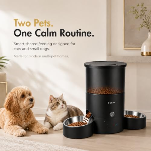 3L Cat Treat Dispenser with Dual Stainless Steel Cat Bowls - Quiet Automatic Cat Feeder for 2 Cats with App Control, 2 Way Audio, Dual Power Options, Self-Feeding Cat Food Dispenser - Black - Image 2