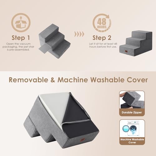 EHEYCIGA Dog Stairs for Small Dogs 16.5" H, 3-Step Extra Wide Ramp, Grey - Image 7