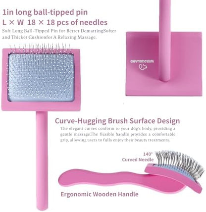 Pink Slicker Brush for Long Haired Dog Wooden Handle Coated Pins - Image 2