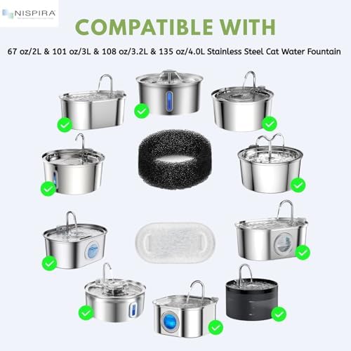 NISPIRA PLWF003 PLWF006 Stainless Steel Cat Water Fountain Activated Charcoal Water Filter Kit Replacements with Spongies For Petlibro 67oz/2L 101oz/3L, Tomxcute 108oz/3.2L 135oz/4 L Pet, 6 Pack - Image 4