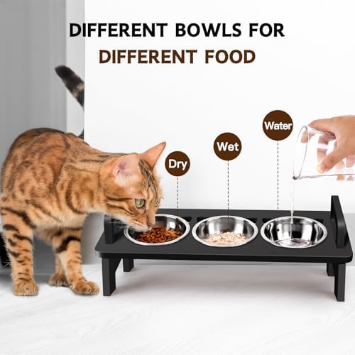 Bamboo Elevated Cat Bowls, 3 Stainless Steel Raised Cat Bowl with Stand, 15°Tilted Cat Feeding Station, Cat Food and Water Bowl Set for Small Cats, Anti Vomitting, Whisker Fatigue (Black) - Image 5