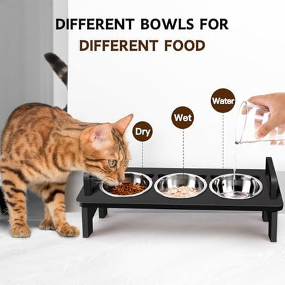 Bamboo Elevated Cat Bowls, 3 Stainless Steel Raised Cat Bowl with Stand, 15°Tilted Cat Feeding Station, Cat Food and Water Bowl Set for Small Cats, Anti Vomitting, Whisker Fatigue (Black) - Image 5