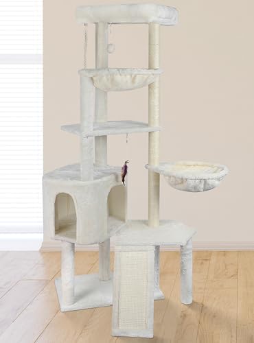 Wang Xin Four Layer Big Cat Tree with Huge Cat Condo and Two Hammocks Scratch Pad,Beige - Image 4