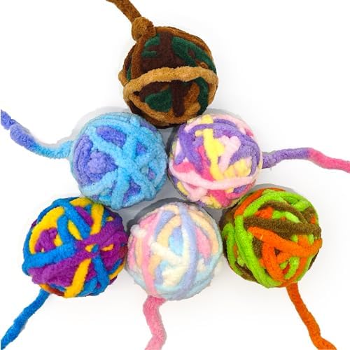 Cat Toy Yarn Balls with Cotton Rope and Bell Inside, 6Pcs 1.77" Colorful Interactive Kitten Toys for Indoor Cats Play and Kitten Training by Furettico