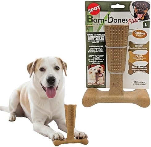 SPOT Bam-Bones Plus T-Bone, Bamboo Fiber & Nylon Dog Chew, Durable for Aggressive Chewers, Non-Splintering, for Adult Dogs & Teething Puppies Under 90lbs, 7in, Chicken Flavor by SPOT