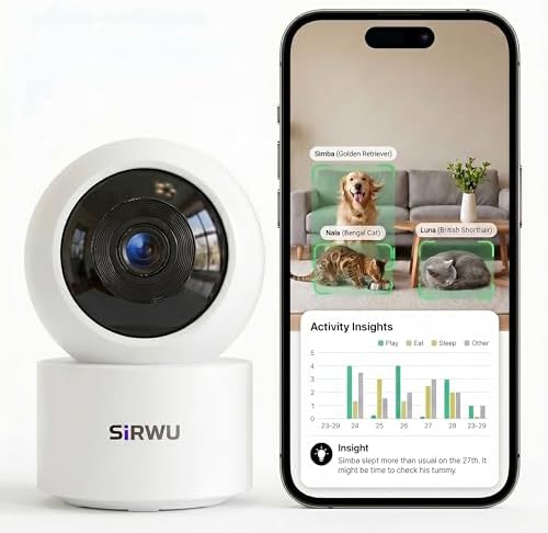 AI Pet Camera Indoor, Multi-Pet Recognition for Up to 6 Pets, 2K 3MP Dog & Cat Camera with 360° Auto Tracking, AI Daily Summaries, Night Vision, 2-Way Audio, 2.4/5GHz WiFi by Sirwu