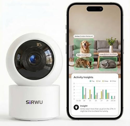 AI Pet Camera Indoor, Multi-Pet Recognition for Up to 6 Pets, 2K 3MP Dog & Cat Camera with 360° Auto Tracking, AI Daily Summaries, Night Vision, 2-Way Audio, 2.4/5GHz WiFi by Sirwu