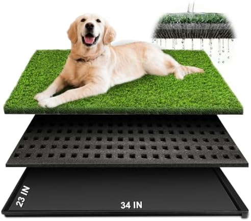 Dog Grass Pad with Tray, 34''X23'' Large Artificial Turf Grass Potty, Reusable Puppy Pee Pads for Dogs, Portable Dog Litter Box for Indoor/Outdoor Potty Training Toilet by HURENTEK