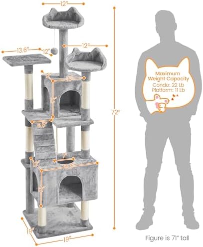Yaheetech XL Cat Tree, 72in Multi-Level Cat Tower with 2 Cozy Caves, 3 Soft Perches, Scratching Posts, Board, and Dangling Ball, Pet Furniture Play House for Kittens/Cats, Light Gray - Image 3