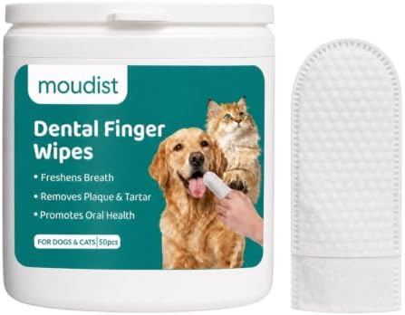 Dental Finger Wipes for Dogs & Cats, 50 Count, Pet Teeth Cleaning Wipes, Helps Remove Plaque & Tartar, Freshens Breath, Daily Oral Care, No-Rinse Tooth Cleaning by moudist