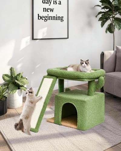Small Cactus Cat Tree for Indoor Cats, Green Cat Tower with Scratching Post & Board, Unique Cactus Cat House with Perch for Kittens, Stable Condo and Stand (Green) - Image 2