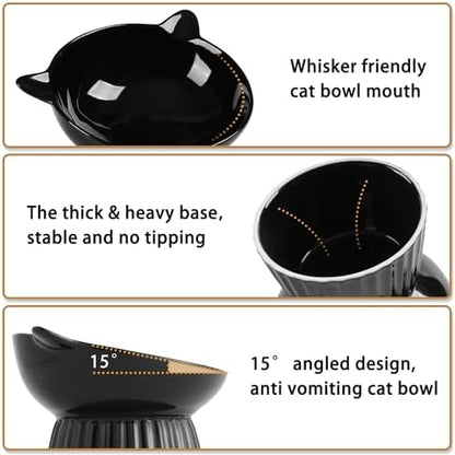 Ceramic Raised Cat Bowl，Tilted Raised Bowl Anti Vomit for Indoor Cats Whisker Friendly Pet Feeder for Cats Puppies, Microwave and Dishwasher Safe (Black) - Image 3
