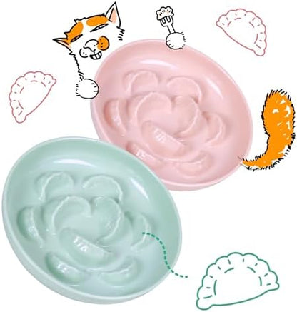 2 Pcs Cat Slow Feeder Bowl Set - Unbreakable Melamine Puzzle cat Bowl for Slow Eating - Cat Dish for Wet & Dry Food- Whisker Friendly & Dishwasher Safe & Non Slip Design (Pink + Green) by FullCharm