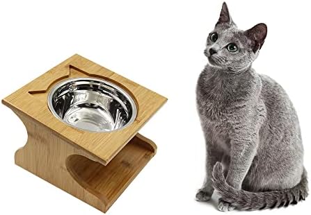 Cat Bowls Pet Dining Table with Raised Slope Wooden Stand Elevated Pet Bowls with Oblique Stand for More Comfortable Eating for Cats, Dogs, Kitten and Puppy (1 Bowl, Steel) by Petsoign%C3%A9