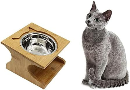 Cat Bowls Pet Dining Table with Raised Slope Wooden Stand Elevated Pet Bowls with Oblique Stand for More Comfortable Eating for Cats, Dogs, Kitten and Puppy (1 Bowl, Steel) by Petsoign%C3%A9