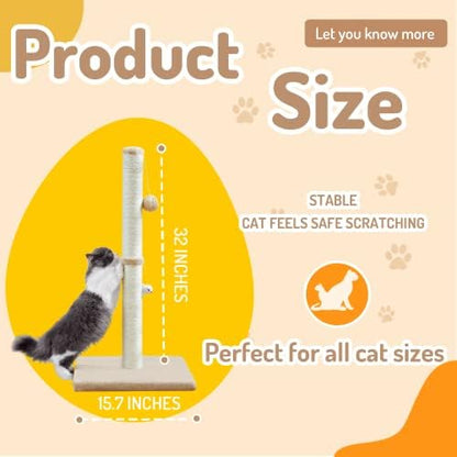 MeowHomm 32” Tall Cat Scratching Posts for Indoor Cats Adults with 2 Hanging Ball, Large Cat Scratch Post Cat Scratcher Includes Sisal Rope(Yellow) - Image 5