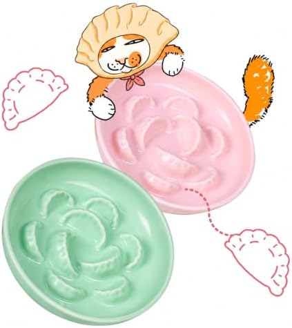 2 Pcs Ceramic Cat Slow Feeder Bowl Set, Dumpling Shape Cat Food Plates, 6.2" W Wide Shallow Whisker Friendly Slow Feeding Cat Bowls for Dry Food, Wet Food & Treats, Dishwasher Safe (Pink + Green) by FullCharm