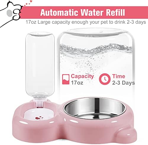 Dog Bowls, Cat Food and Water Bowl Set with Water Dispenser and Stainless Steel Bowl for Cats and Small Dogs - Pink - Image 2