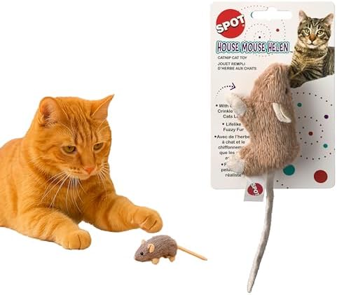 SPOT House Mouse Helen Cat Toy with Catnip – Lifelike Plush Mouse, Crinkle Sound, 4in Small Size for Kittens and Cats, Batting, Chasing, Playing – Assorted Colors by SPOT