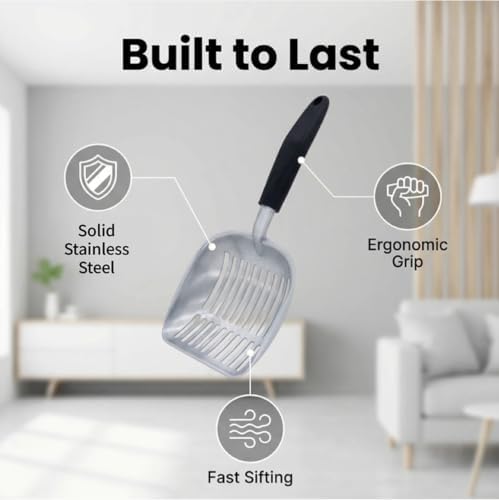 Heavy-Duty Cat Litter Scoop with Holder&Litter Bags, Metal Cat Scooper with Bags, Stainless Steel Kitty Poop Sifting Shovel Captures All Clumps, Speed Sifter Litter Box Scooper with Caddy - Image 3