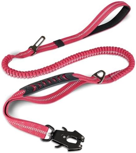 Joytale Tactical Dog Leash Heavy Duty, 4-6FT Shock Absorbing Bungee Lead with 2 Padded Handle, Metal Carabiner Clip, Car Seatbelt, Strong No Pull Leash for Medium Large X-Large Dogs, Hot Pink