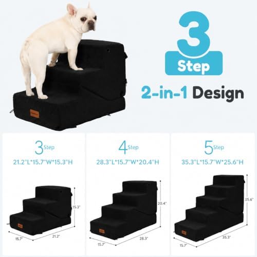 3-Step Dog Stair and Ramp for Small Dogs and Cats, Pet Steps for Sofa and Couch with Non-Slip Bottom, Black - Image 2