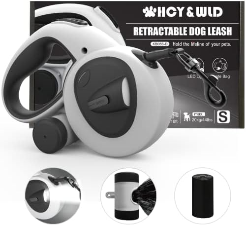 4-in-1 Retractable Dog Leash with LED Light & Dispenser & Poop Bags by HCY%26WLD