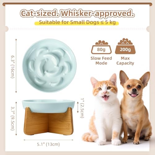 Elevated Slow Feeder Cat Bowl - Melamine Cat Food Plate with Anti-Slip Bamboo Stand - Whisker Friendly Feeding Bowl - Raised Maze Dish for Slow Eating - Pale Blue - Image 2
