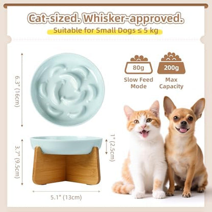 Elevated Slow Feeder Cat Bowl - Melamine Cat Food Plate with Anti-Slip Bamboo Stand - Whisker Friendly Feeding Bowl - Raised Maze Dish for Slow Eating - Pale Blue - Image 2