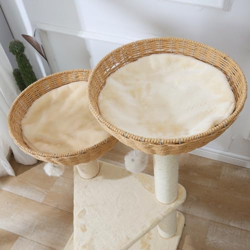 SHENGOCASE Cat Tree Tower with Rattan Wicker Basket, 2 Handwoven Large Nest Baskets Bed, Window Perch for Large Cats up to 20LBS - Image 6