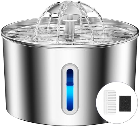 Stainless Steel Cat Water Fountain - 108oz/3.2l Metal Pet Water Bowl Dispenser with Quiet Pump - Automatic Water Fountains for Dog/Cats Drinking - Pets Waterer Indoor with Replacement Filters by CatWaterFountain