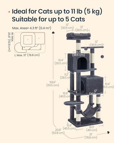 SONGMICS HOME Cat Tree for Indoor Cats, Multi-Level Cat Tower with Sisal Scratching Posts, Hammock and Condo, Dark Gray - Image 6
