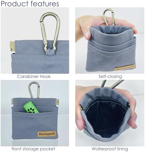 Raisingwell Dog Treat Pouch, Small Cotton Pocket Sized Training Holder, Hand Free Walking Fanny Bag with Carabiner, Self-Closing Pet Feed Snack Reward, Behavior Aids for Puppy Travel or Outdoor (Grey) - Image 3