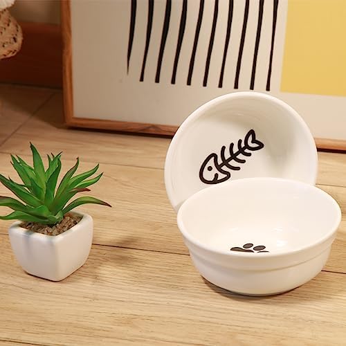 COMESOON 5" Ceramic Cat Bowl with Fish Bone Pattern, Cat Food Bowl for Food and Water, Healthy Cat Dishes for Indoor Cats and Small Dog, Dishwasher Safe & Microwaveable - White - Image 4