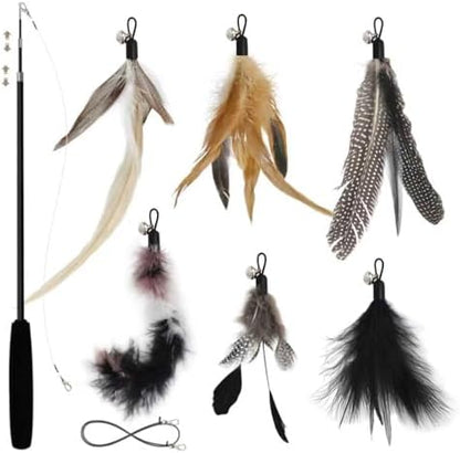 SONGWAY Interactive Cat Feather Toy Set - Retractable Teaser Wand with 6 Pcs Feather Refills with Bell, Cat Wand Toys for Indoor Cats Kittens Play Chase Exercise, Black by SONGWAY