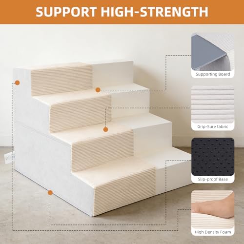Dog Stairs for Small Dogs, 18" H, 4-Step Pet Steps for Bed Couch Sofa and Chair, Non-Slip Balanced Pet Ramp for Injured & Senior Pets with Washable Cover and Durable High Density Foam,Beige - Image 5
