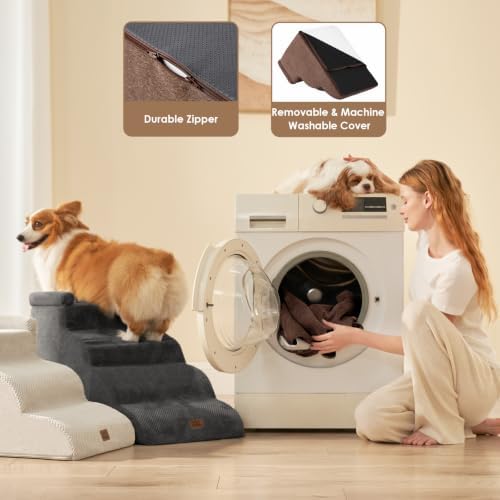 EHEYCIGA 4-Step Curved Dog Stairs for Beds 17.6" H, Brown - Image 6