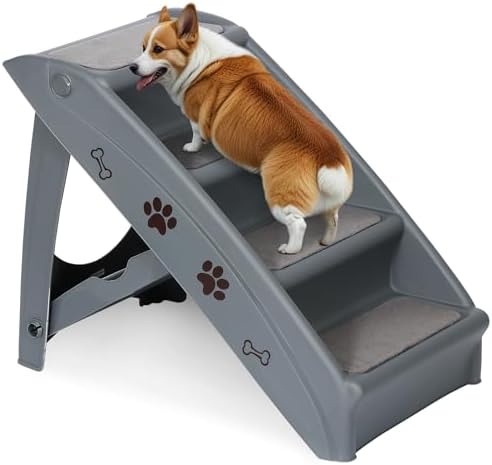 Foldable Pet Stairs with Non-Slip Surface, Portable Dog Steps Ramp for High Beds, Couches, Cars and SUVs, Support Up to 150lbs, Waterproof, Grey by Saicool