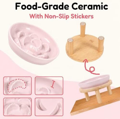 Slow Feeder Cat Bowls with Bamboo Stand, Ceramic Elevated Pet Food Plates for Cats and Small Dogs, Raised Non-Slip Feeder (Pink/6.3") - Image 5